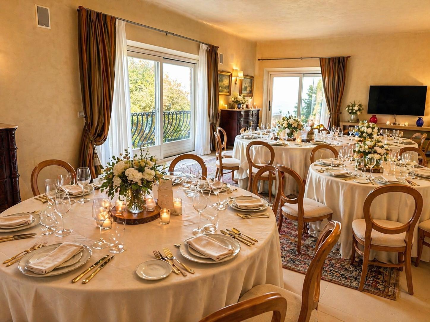 Sala da pranzo nobiliare allestita per ricevimento di comunione con tavolo imperiale